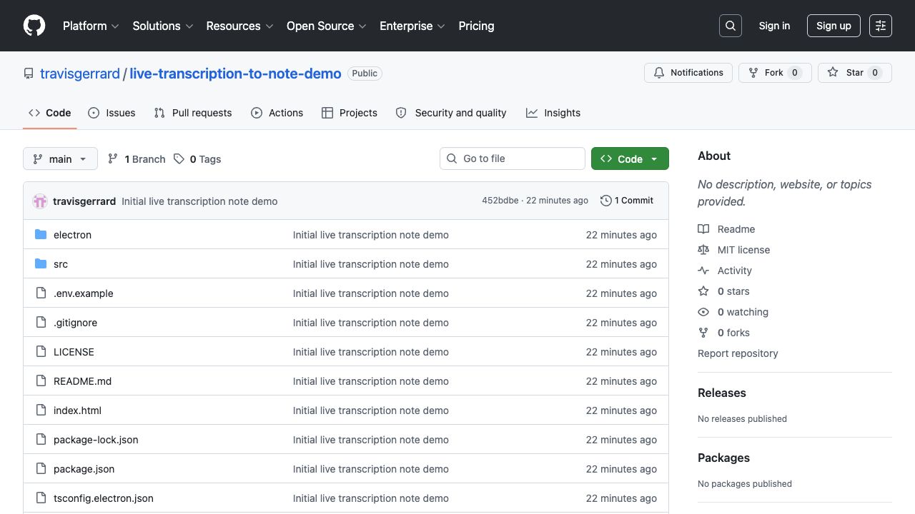 Live transcription to note demo GitHub repository screenshot